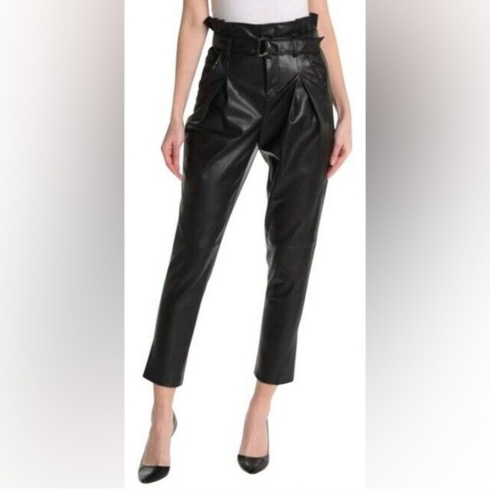 BLANK NYC Black Faux Leather Cropped Belted Paper Bag Pants